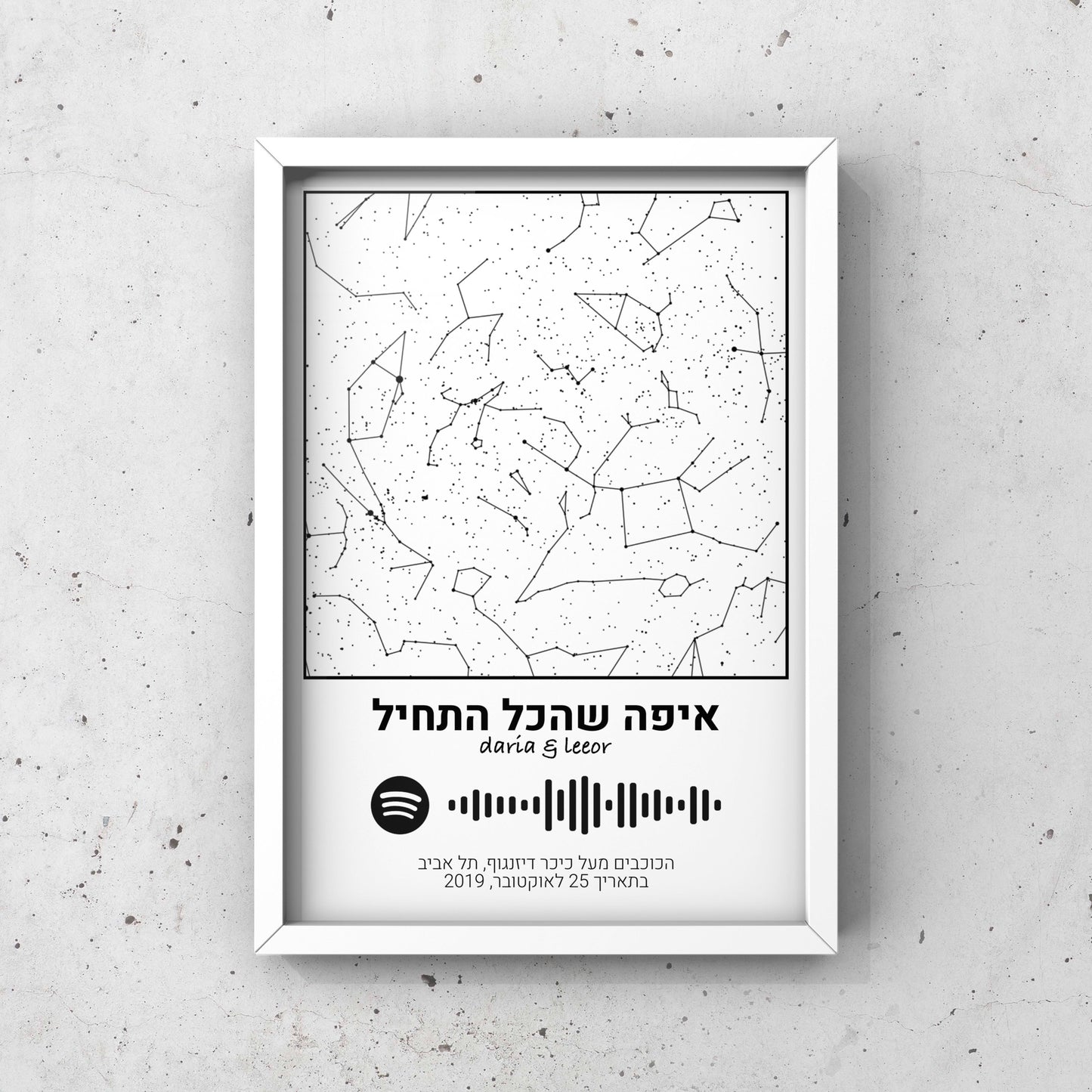 מפת כוכבים בהתאמה אישית לפי מיקום ותאריך עם סורק ספוטיפיי