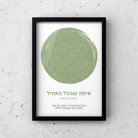 מפת כוכבים בהתאמה אישית לפי מיקום ותאריך