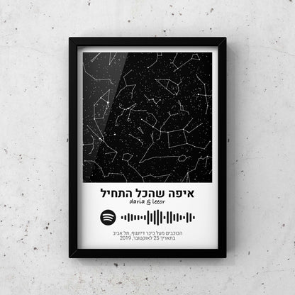 מפת כוכבים בהתאמה אישית לפי מיקום ותאריך עם סורק ספוטיפיי